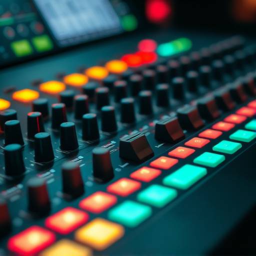 Close-up shot of a mixing console with numerous faders, knobs, and buttons illuminated