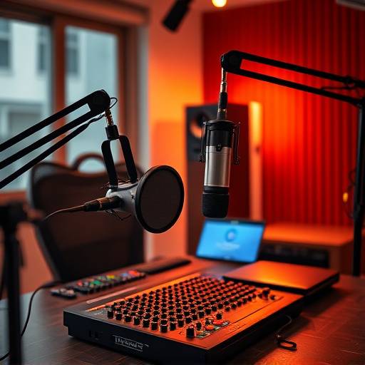 Image of a podcasting setup, microphones and audio interface, used for 'Tech Talk San Francisco' podcast