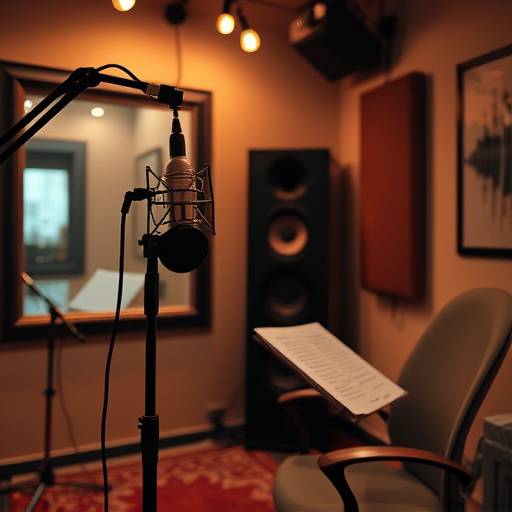 Interior of a voiceover booth at SoundVerse Studios, equipped with microphone and script stand