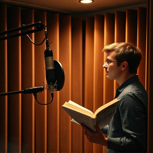 Voice actor in SoundVerse Studio's voiceover booth recording audio for an audiobook